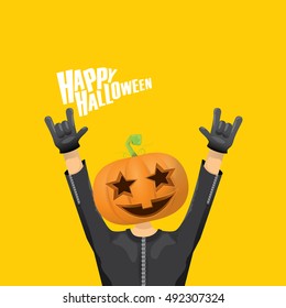 Happy halloween vector creative background. man in halloween costume with pumpkin head rock n roll style halloween greeting card with text. Happy halloween rock concert poster design template.