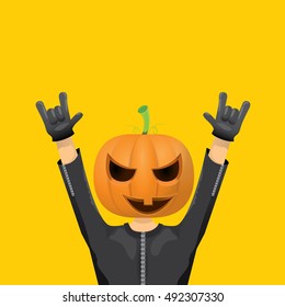 Happy halloween vector creative background. man in halloween costume with pumpkin head rock n roll style halloween greeting card with text. Happy halloween rock concert poster design template.