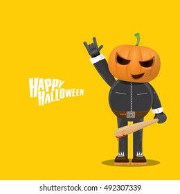 Happy halloween vector creative background. man in halloween costume with pumpkin head rock n roll style halloween greeting card with text. Happy halloween rock concert poster design template.