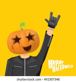 Happy halloween vector creative background. man in halloween costume with pumpkin head rock n roll style halloween greeting card with text. Happy halloween rock concert poster design template.