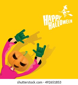 Happy halloween vector creative background. man in halloween costume with pumpkin head rock n roll style halloween greeting card with text. Happy halloween rock concert poster design template.
