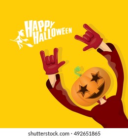 Happy halloween vector creative background. man in halloween costume with pumpkin head rock n roll style halloween greeting card with text. Happy halloween rock concert poster design template.