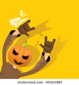 Happy halloween vector creative background. man in halloween costume with pumpkin head rock n roll style halloween greeting card with text. Happy halloween rock concert poster design template.