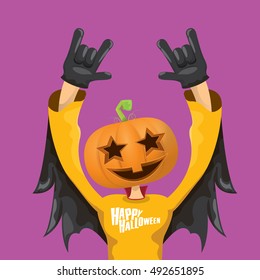 Happy halloween vector creative background. man in halloween costume with pumpkin head rock n roll style halloween greeting card with text. Happy halloween rock concert poster design template.