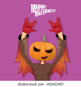 Happy halloween vector creative background. man in halloween costume with pumpkin head rock n roll style halloween greeting card with text. Happy halloween rock concert poster design template.