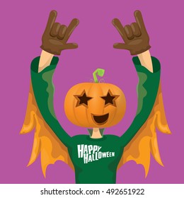 Happy halloween vector creative background. man in halloween costume with pumpkin head rock n roll style halloween greeting card with text. Happy halloween rock concert poster design template.