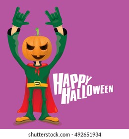 Happy halloween vector creative background. man in halloween costume with pumpkin head rock n roll style halloween greeting card with text. Happy halloween rock concert poster design template.