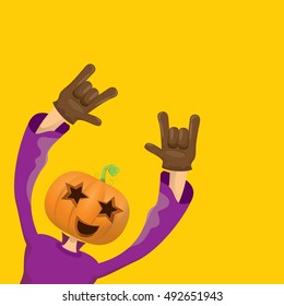 Happy halloween vector creative background. man in halloween costume with pumpkin head rock n roll style halloween greeting card with text. Happy halloween rock concert poster design template.