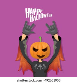 Happy halloween vector creative background. man in halloween costume with pumpkin head rock n roll style halloween greeting card with text. Happy halloween rock concert poster design template.