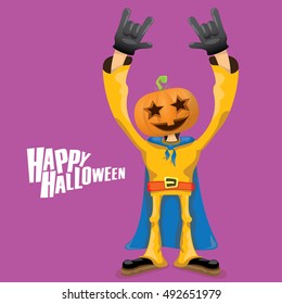 Happy halloween vector creative background. man in halloween costume with pumpkin head rock n roll style halloween greeting card with text. Happy halloween rock concert poster design template.
