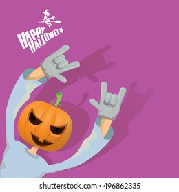 Happy halloween vector creative background. man in halloween costume with pumpkin head rock n roll style halloween greeting card with text. Happy halloween rock concert poster design template.