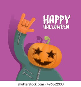 Happy halloween vector creative background. man in halloween costume with pumpkin head rock n roll style halloween greeting card with text. Happy halloween rock concert poster design template.