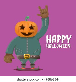Happy halloween vector creative background. man in halloween costume with pumpkin head rock n roll style halloween greeting card with text. Happy halloween rock concert poster design template.