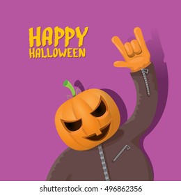 Happy halloween vector creative background. man in halloween costume with pumpkin head rock n roll style halloween greeting card with text. Happy halloween rock concert poster design template.