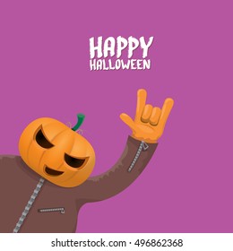 Happy halloween vector creative background. man in halloween costume with pumpkin head rock n roll style halloween greeting card with text. Happy halloween rock concert poster design template.