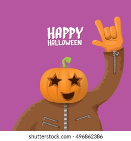Happy halloween vector creative background. man in halloween costume with pumpkin head rock n roll style halloween greeting card with text. Happy halloween rock concert poster design template.