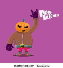 Happy halloween vector creative background. man in halloween costume with pumpkin head rock n roll style halloween greeting card with text. Happy halloween rock concert poster design template.