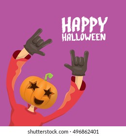 Happy halloween vector creative background. man in halloween costume with pumpkin head rock n roll style halloween greeting card with text. Happy halloween rock concert poster design template.