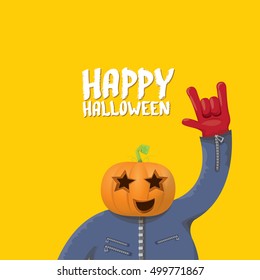 Happy halloween vector creative background. man in halloween costume with pumpkin head rock n roll style halloween greeting card with text. Happy halloween rock concert poster design template.