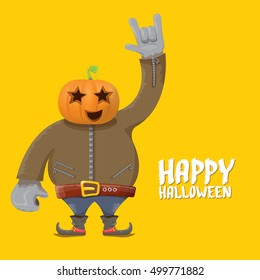 Happy halloween vector creative background. man in halloween costume with pumpkin head rock n roll style halloween greeting card with text. Happy halloween rock concert poster design template.