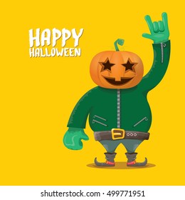 Happy halloween vector creative background. man in halloween costume with pumpkin head rock n roll style halloween greeting card with text. Happy halloween rock concert poster design template.