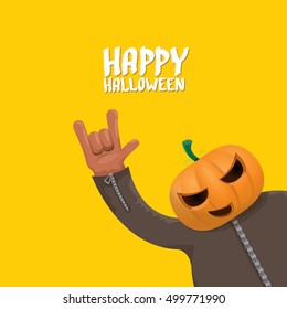 Happy halloween vector creative background. man in halloween costume with pumpkin head rock n roll style halloween greeting card with text. Happy halloween rock concert poster design template.