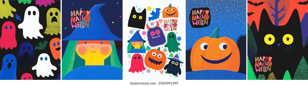 Happy Halloween. Vector cute childish naive illustrations of characters, pumpkin, black cat, ghost, pattern, witch, logo for greeting card, poster, flyer or background