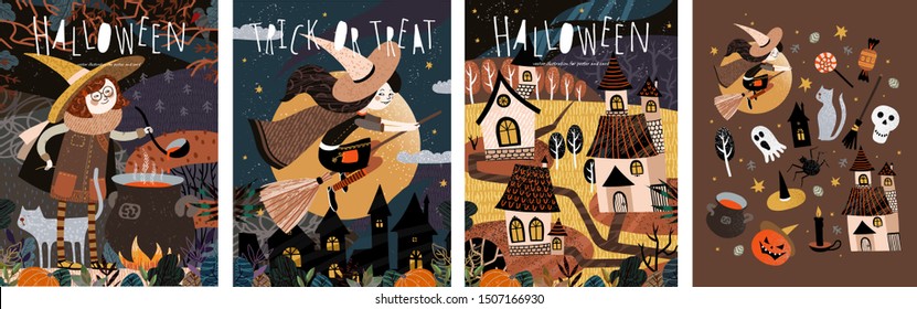 Happy Halloween! Vector cute illustration of a witch preparing a potion; witches on a broomstick; scary houses in a city or village and a set of objects. Drawings for card, poster or background.
 
