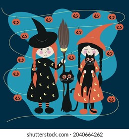 Happy Halloween! Vector cute illustration of witches with funny black cats. Witch with a broom. On a blue background with pumpkins. Suitable for poster, background, social media, digital marketing.