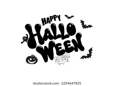 Happy Halloween. Vector cute illustration poster with happy halloween lettering with bats, spider web, ghost and pumpkin for postcard creation