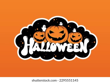 Happy Halloween. Vector cute illustration poster with happy halloween lettering with bats, spider web, ghost and pumpkin for postcard creation