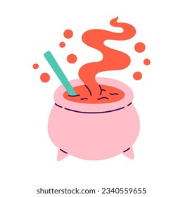 Happy Halloween. Vector cute illustration of pink witch pot in trendy colors for postcard, flyer, banner