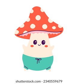 Happy Halloween. Vector cute illustration of mushroom fly agaric in pants in trendy colors for postcard, flyer, banner