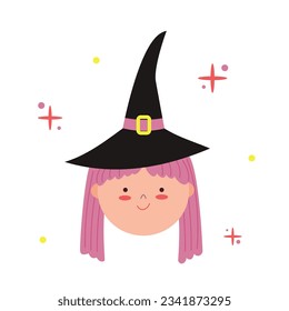 Happy Halloween. Vector cute illustration of little witch in trendy colors for postcard, flyer, banner
