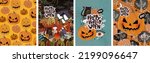 Happy Halloween. Vector cute illustrations: pumpkin head, black cat, funny skeleton, ghosts, eyes for postcard creation, background, card and poster