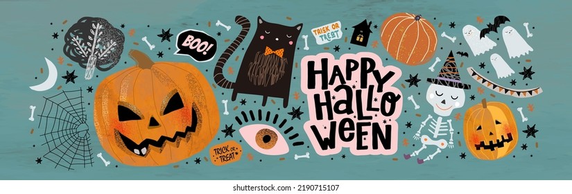 Happy Halloween  Vector cute illustrations objects: pumpkin head  black cat  funny skeleton  ghosts  eyes for postcard creation