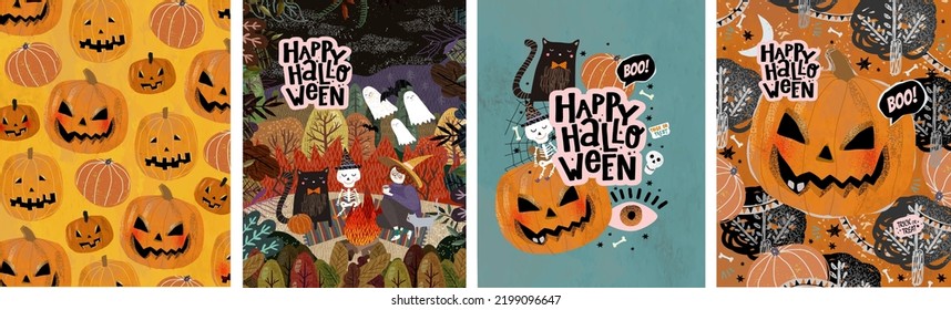 Happy Halloween  Vector cute illustrations: pumpkin head  black cat  funny skeleton  ghosts  eyes for postcard creation  background  card   poster