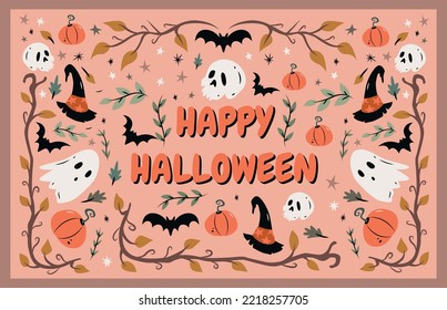 Happy Halloween. Vector cute illustrations of objects: pumpkin head, black cat, funny skeleton, ghosts, bones and leaves. Eps 10