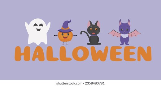 Happy Halloween. Vector cute illustrations of pumpkin, black cat, ghost, bat on purple background. template for postcards, banners, invitations for Halloween.