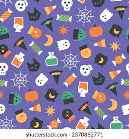 Happy Halloween. Vector cute illustrations of objects: pumpkin  black cat, funny skeleton, ghosts, invitation, web background, wallpaper seamless pattern