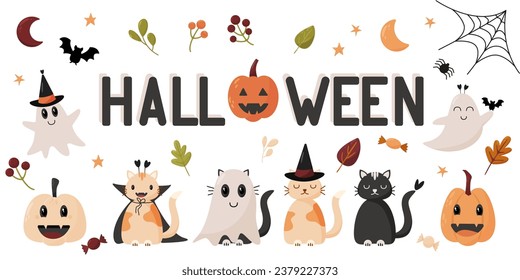 Feliz Halloween. Ilustraciones vectoriales lindas de objetos: cabeza de calabaza, gato negro, fantasmas, murciélago, caramelos, hojas de otoño para la creación de postales