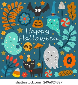 Happy Halloween. Vector cute illustrations of objects: pumpkin head, black cat, ghosts, for postcard creation, greeting card.