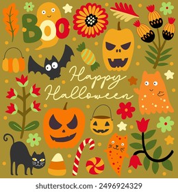 Feliz Halloween. Ilustraciones lindas del Vector de objetos: cabeza de calabaza, gato negro, fantasmas, para la creación de la postal, tarjeta de felicitación.