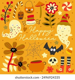 Happy Halloween. Vector cute illustrations of objects: pumpkin head, black cat, ghosts, for postcard creation, greeting card.
