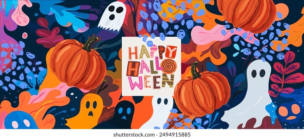 Happy Halloween. Vector cute modern illustration of ghost, logo, pumpkin, abstract shapes, for banner, poster, flyer, background or pattern