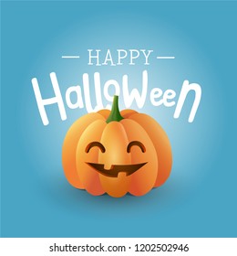 Happy Halloween vector cute pumpkin on blue light background. Halloween card design template