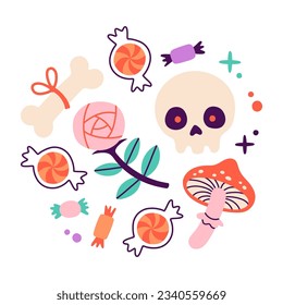 Happy Halloween. Vector cute set of skull, bone, rose, fly agaric, sweets in trendy colors for postcard, flyer, banner