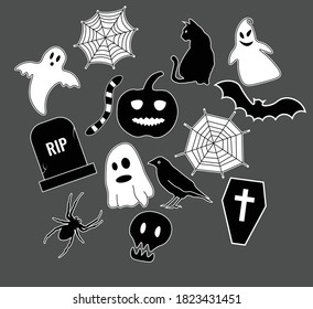 Happy halloween vector decoration set. Halloween stickers. Seperated elements. Skull, pumpkin, ghost, spider, grave 