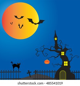 happy Halloween  vector design dark castle on the Moon light background