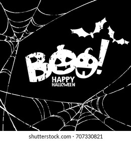 Happy Halloween vector design elements. Boo, bat and watercolor spiderweb on black background with removable texture. Doodle letters for greeting card, print, invitation, banner, poster.